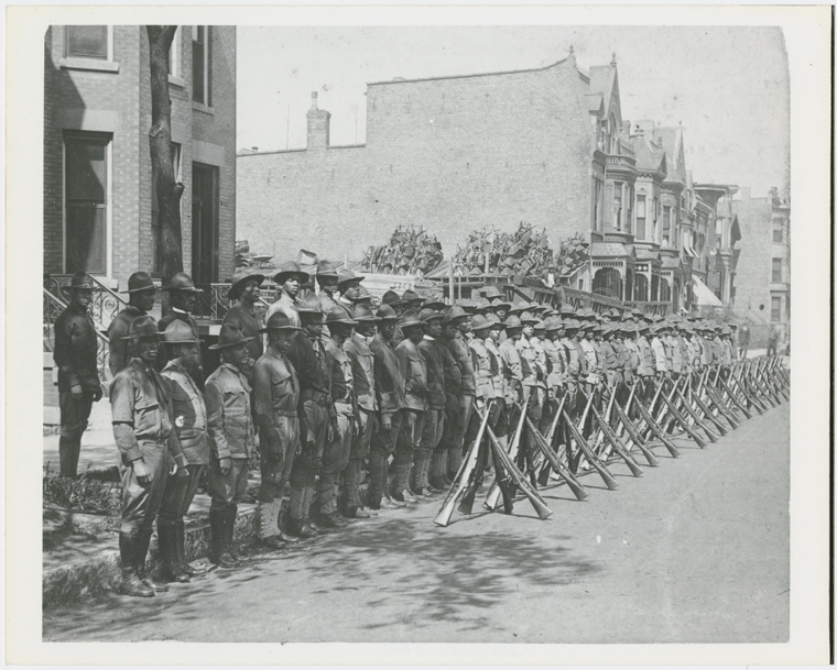 View of assembled troops of the 15th Infantry Regiment of the New York National Guard, later renamed the 369th Infantry, circa 1918 